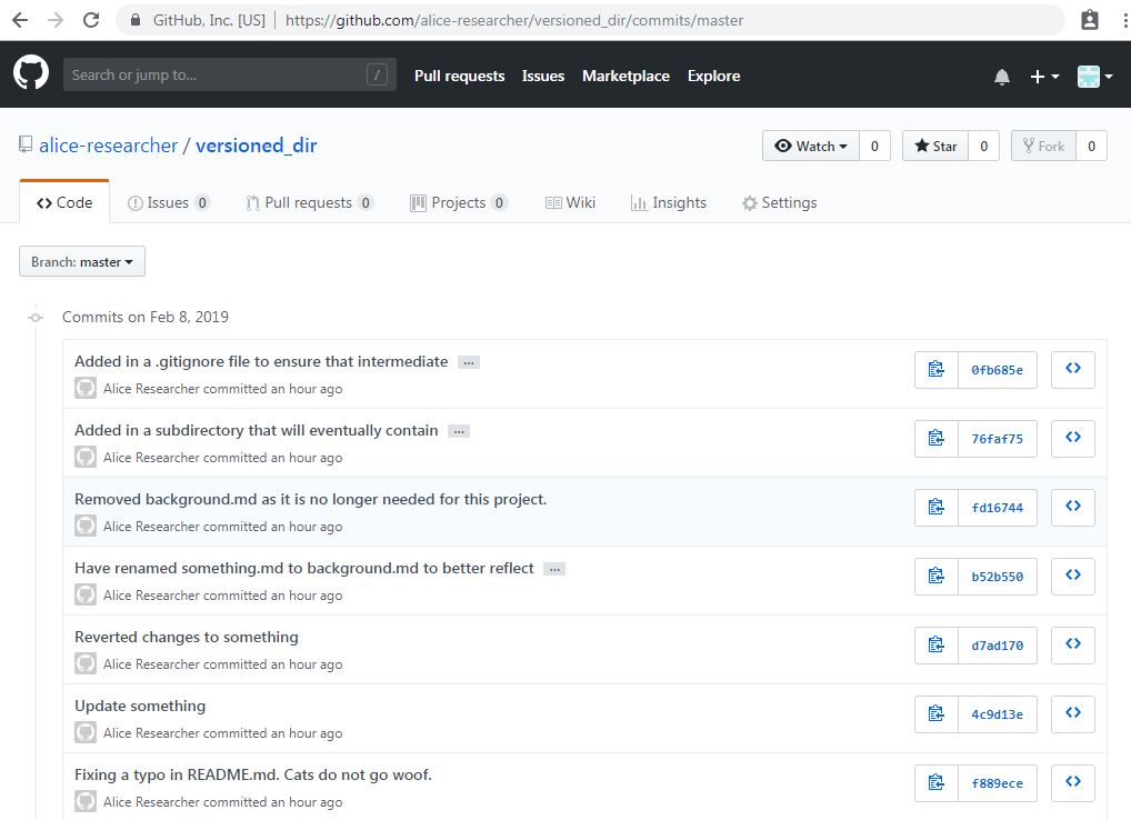 Image of the GitHub commits page
