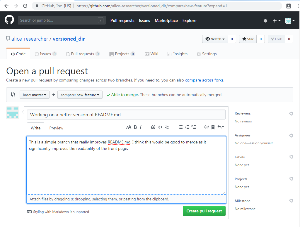 Image of creating a GitHub pull request